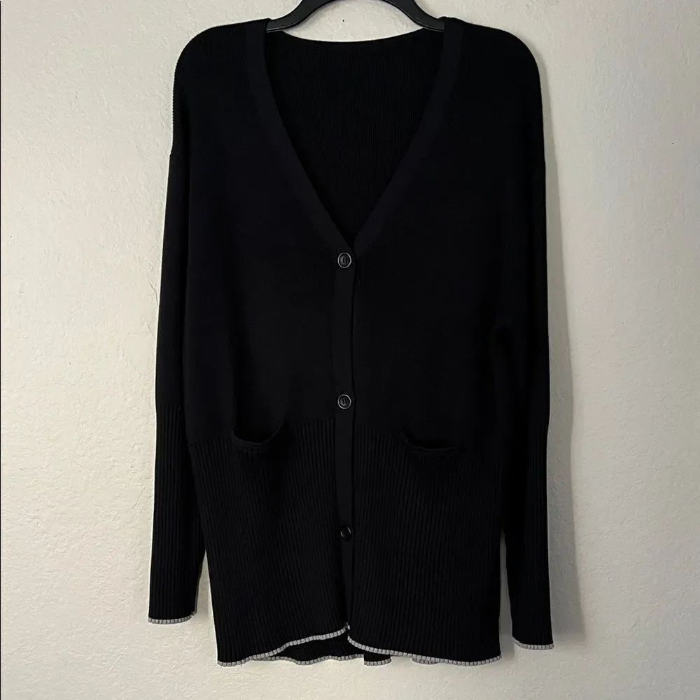 Like New! Aday Black Button-Up Cardigan with White Trim in Size XL
